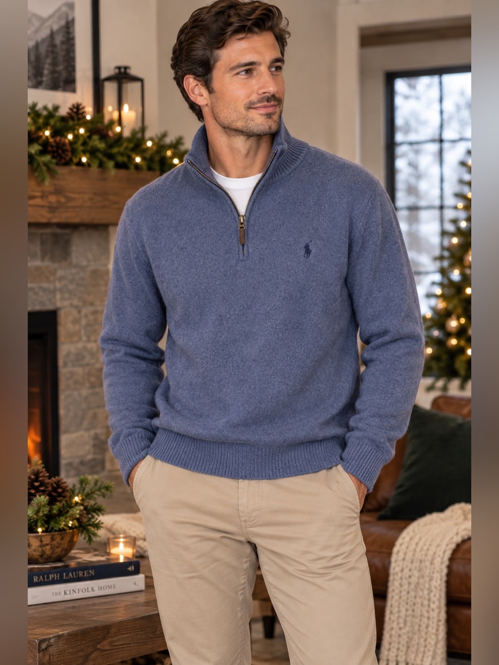 Polo Ralph Lauren Merino Wool Cashmere Quarter Zip Blue Sweater Mens Large